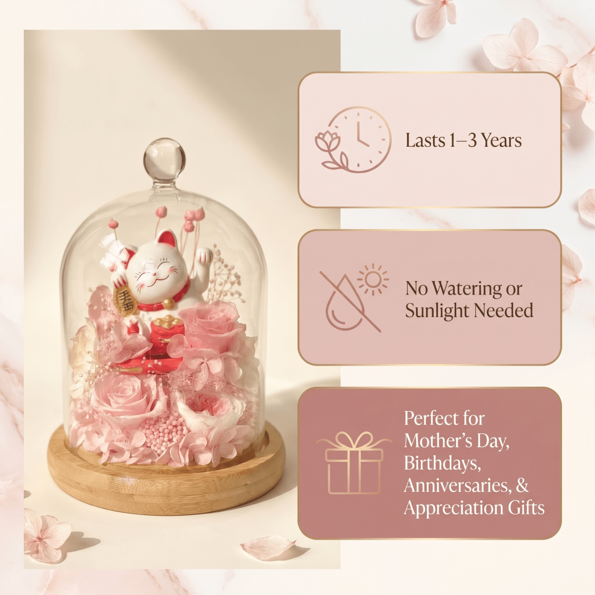 Maneki - Neko 招き猫 Bell Jar, Pink - Flowers - Preserved Flowers & Fresh Flower Florist Gift Store